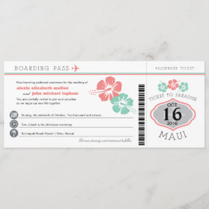 Maui Hawaii Hibiscus Boarding Pass Wedding Invitation