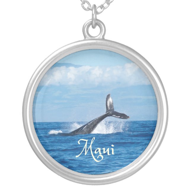 Maui Hawaii Ocean Whale Tail Silver Plated Necklace (Front)