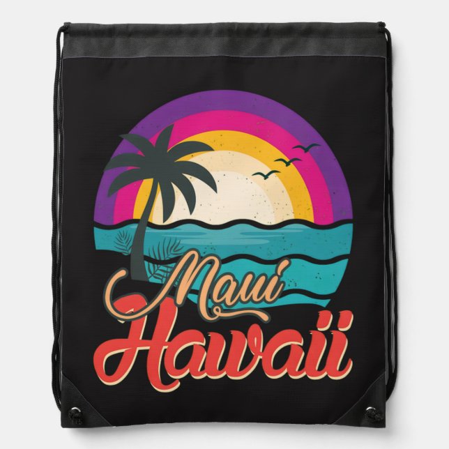 Maui Hawaii Sunset Beach Waves Drawstring Bag (Front)