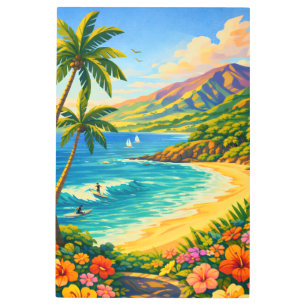 Maui Hawaii Tropical Coastline Retro Travel Metal Print