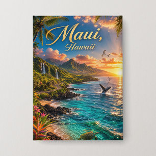 Maui Hawaii Tropical Coastline Travel Poster Button
