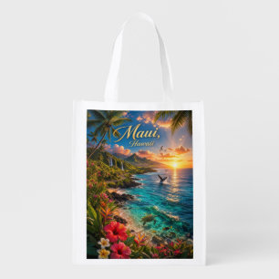 Maui Hawaii Tropical Coastline Travel Poster Grocery Bag