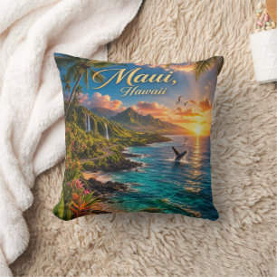 Maui Hawaii Tropical Coastline Travel Poster Throw Pillow