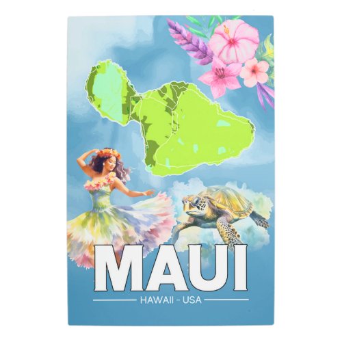 Maui Hawaii USA Map With Hawaiian Scenes Metal Print