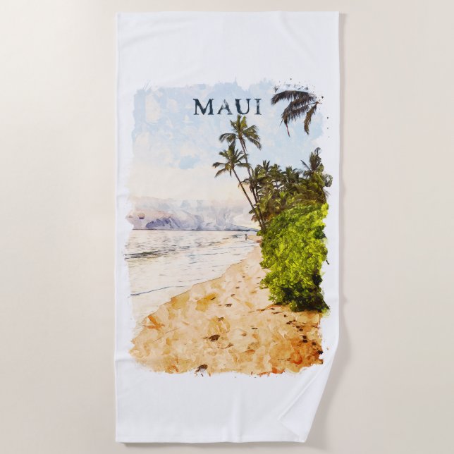 Maui Hawaii Watercolor Illustration travel Beach Towel (Front)