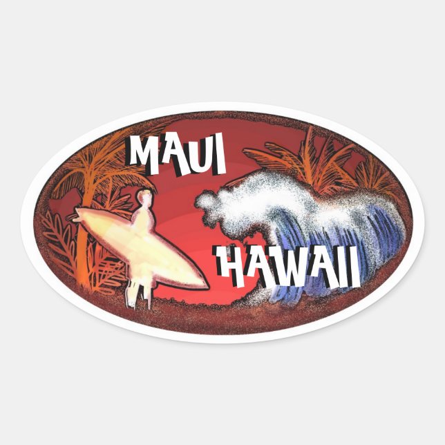 Maui Hawaii white surfer waves art stickers (Front)