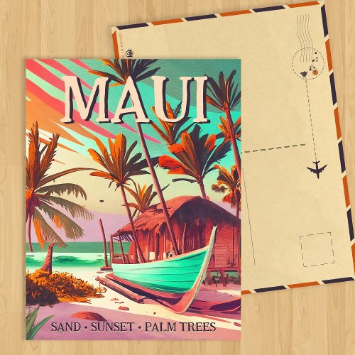 Maui island Hawaii tropical sunset palm tree 1960s Postcard