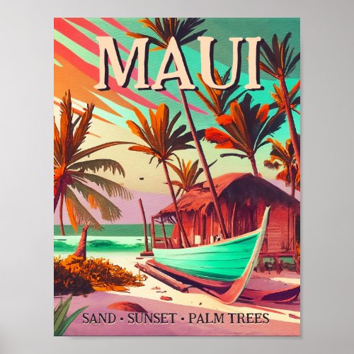 Maui island Hawaii tropical sunset palm tree 1960s Poster