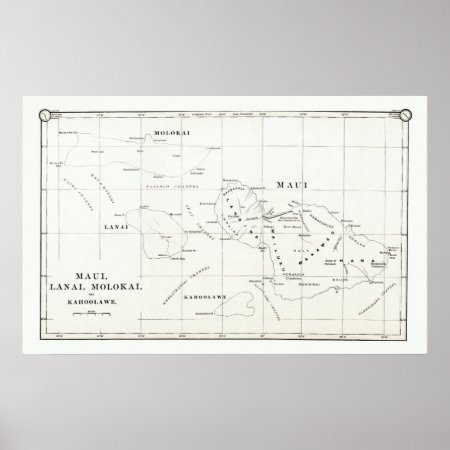 Maui, Lanai, Molokai, Kahoolawe Vintage Map 1890 Poster