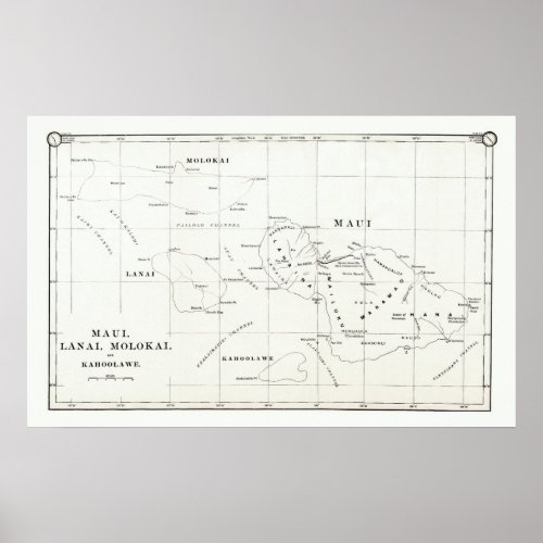 Maui Lanai Molokai Kahoolawe Vintage Map 1890 Poster