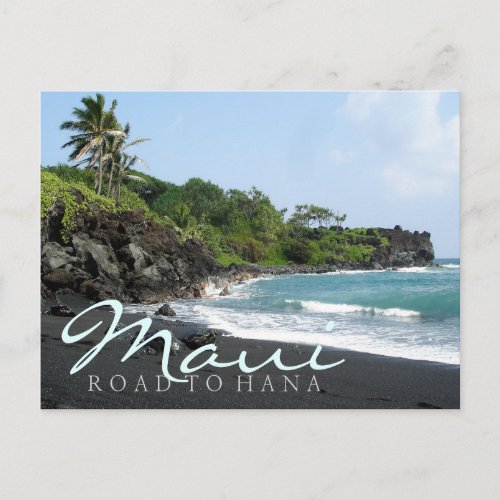 Maui Road to Hana black sand beach text postcard