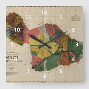 Maui - Vintage Antiquarian Hawaii Survey Map, 1885 Square Wall Clock