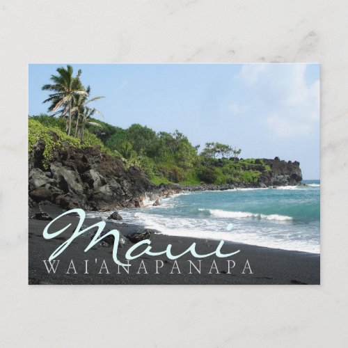 Maui Waianapanapa black sand beach text postcard