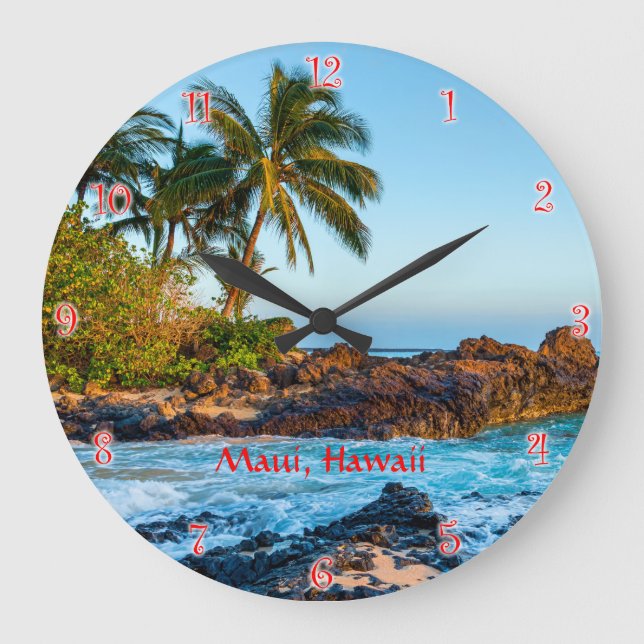 Maui's Secret Beach Round Clock with red numerals (Front)