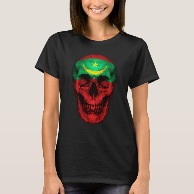 Mauritania Flag Skull Mauritanian Roots Proud Patr T-Shirt (Front)