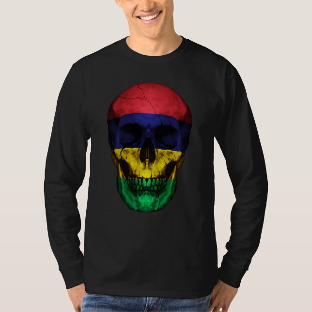 Mauritius Flag Skull Mauritian Roots Proud Patriot T-Shirt (Front)