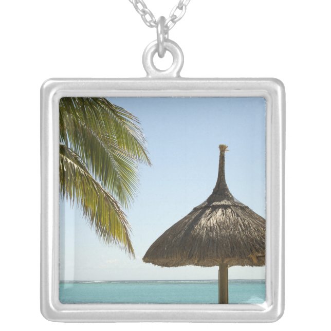 Mauritius. Idyllic beach scene with umbrella Silver Plated Necklace (Front)