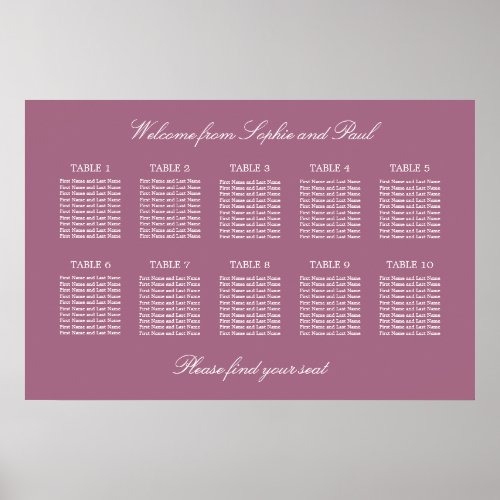 Mauve 10 Table Wedding Seating Chart Poster