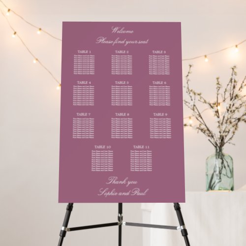 Mauve 11 Table Wedding Seating Chart Foam Board