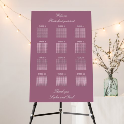 Mauve 12 Table Wedding Seating Chart Foam Board