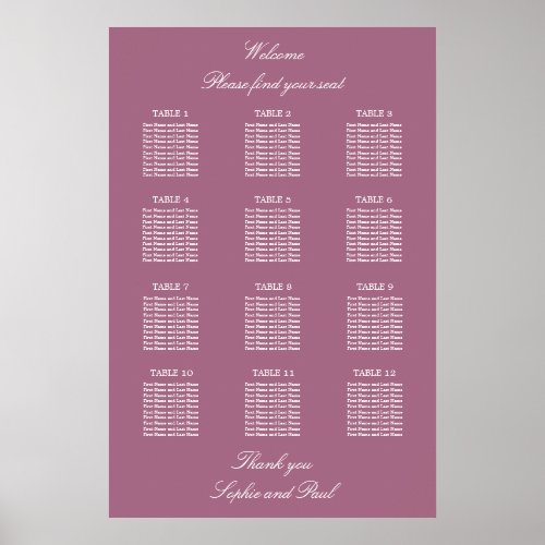 Mauve 12 Table Wedding Seating Chart Poster