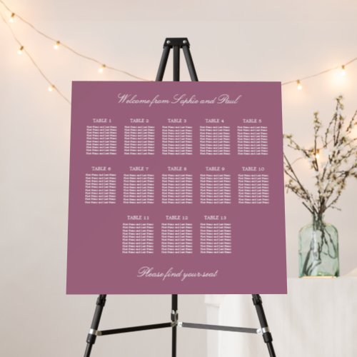 Mauve 13 Table Wedding Seating Chart Foam Board