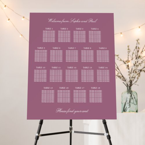 Mauve 18 Table Wedding Seating Chart Foam Board