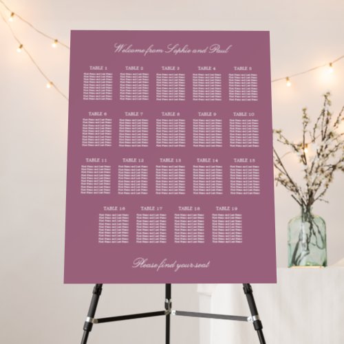 Mauve 19 Table Wedding Seating Chart Foam Board