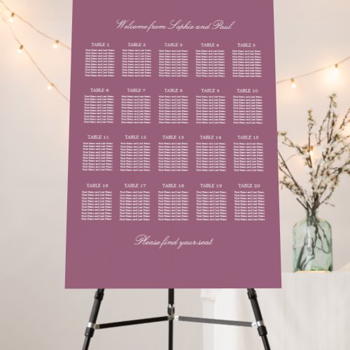 Mauve 20 Table Wedding Seating Chart Foam Board