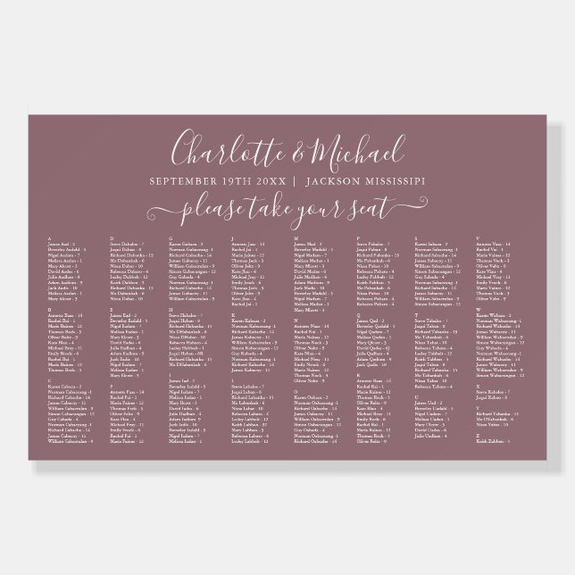 Mauve 300 Names Wedding Seating Chart Sign (Front)