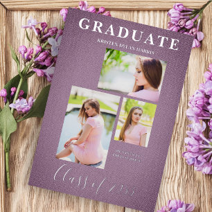 Mauve 3 Photos Collage Graduation Textile Effect Foil Invitation