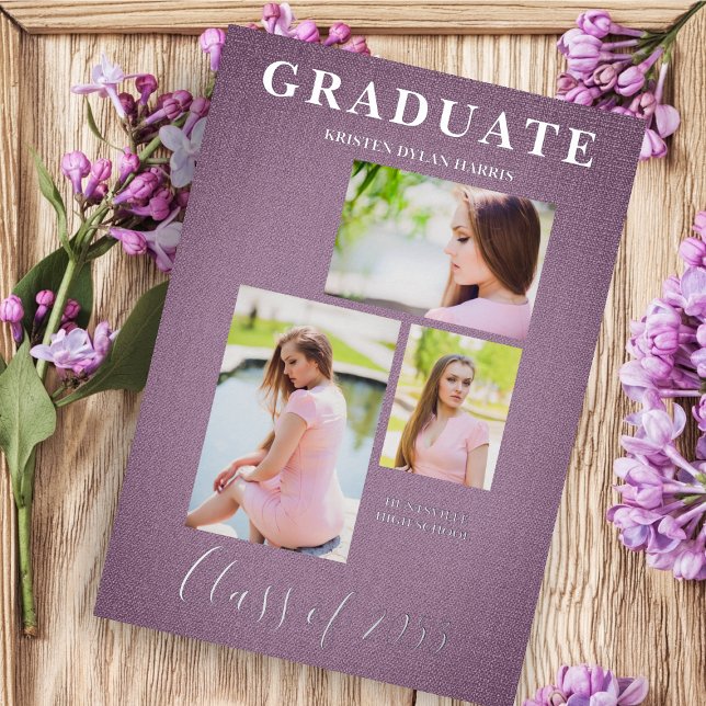 Mauve 3 Photos Collage Graduation Textile Effect Foil Invitation (Creator Uploaded)