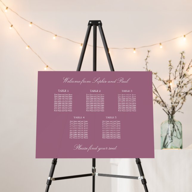 Mauve 5 Table Seating Chart Foam Board (In Situ (Stand))