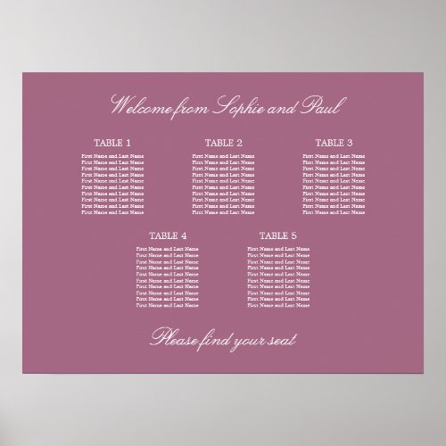 Mauve 5 Table Wedding Seating Chart Poster