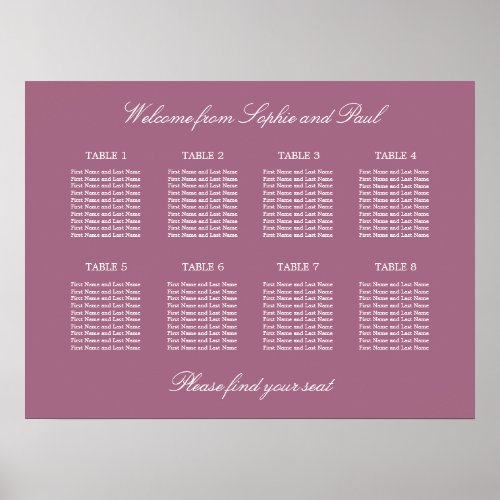 Mauve 8 Table Wedding Seating Chart Poster