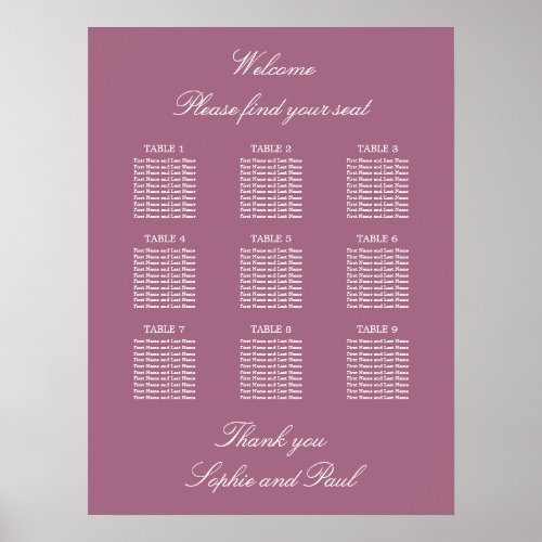 Mauve 9 Table Wedding Seating Chart Poster
