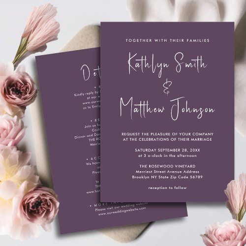 Mauve All In One Modern Script Minimalist Wedding Invitation