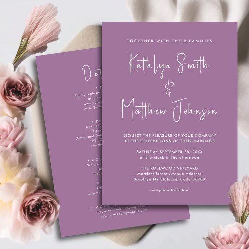 Mauve All In One Modern Script Minimalist Wedding Invitation