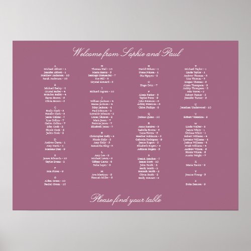 Mauve Alphabetical Seating Chart Poster