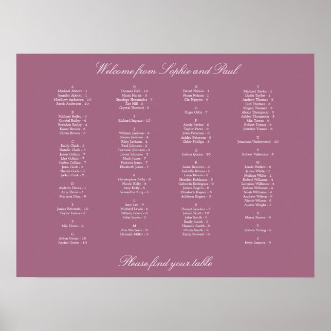 Mauve Alphabetical Seating Chart Poster (Front)