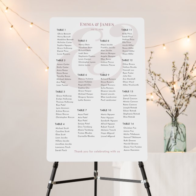 Mauve Ampersand Wedding | 14 Seating Chart Foam Board (In Situ (Stand))