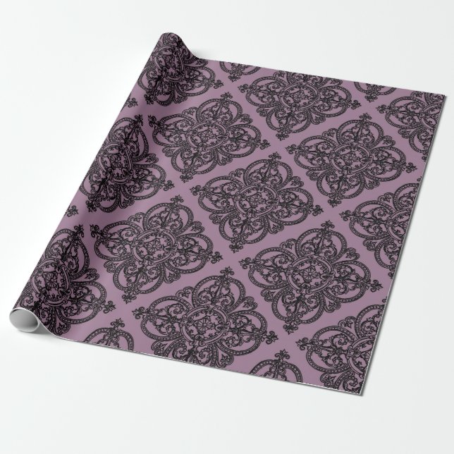 Mauve and Black Vintage Damask Pattern Wrapping Paper (Unrolled)