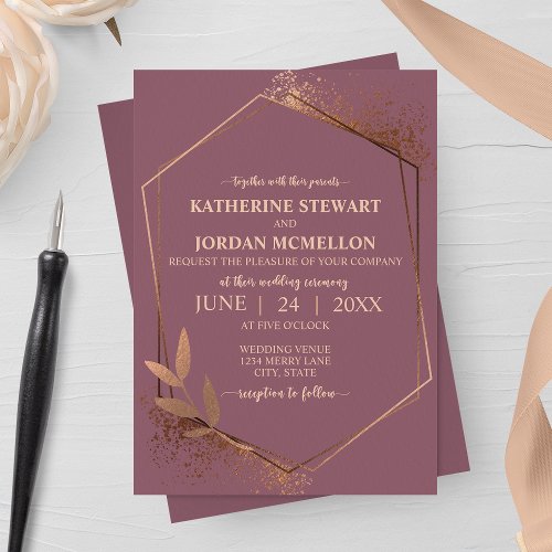 Mauve and Bronze Fall Leaf Geometric Wedding Invitation