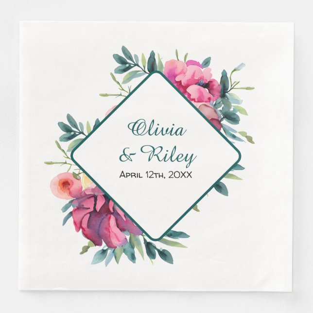 Mauve and Burgundy Floral Wedding Paper Dinner Napkins (Front)