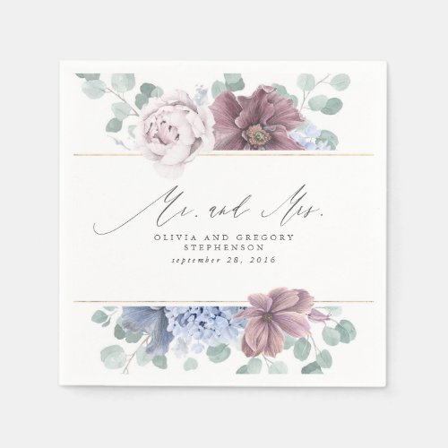 Mauve and Dusty Blue Floral Botanical Mr and Mrs Napkins