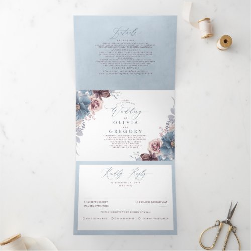 Mauve and Dusty Blue Floral Botanical Wedding Tri_Fold Invitation