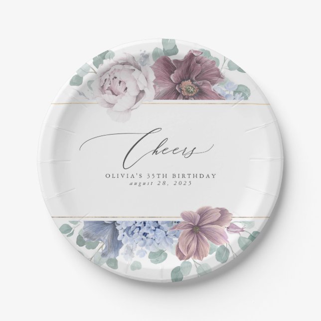 Mauve and Dusty Blue Floral Elegant Botanical Paper Plates (Front)