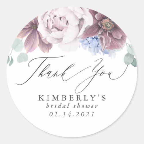Mauve and Dusty Blue Floral Thank You Classic Round Sticker
