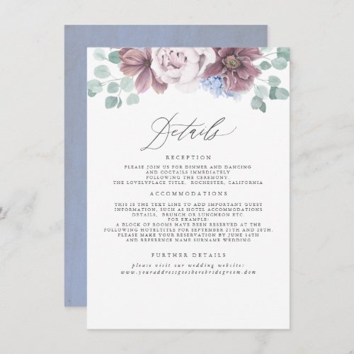 Mauve and Dusty Blue Floral Wedding Information Enclosure Card