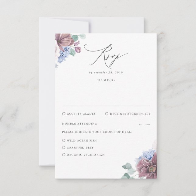 Mauve and Dusty Blue Floral Wedding RSVP (Front)